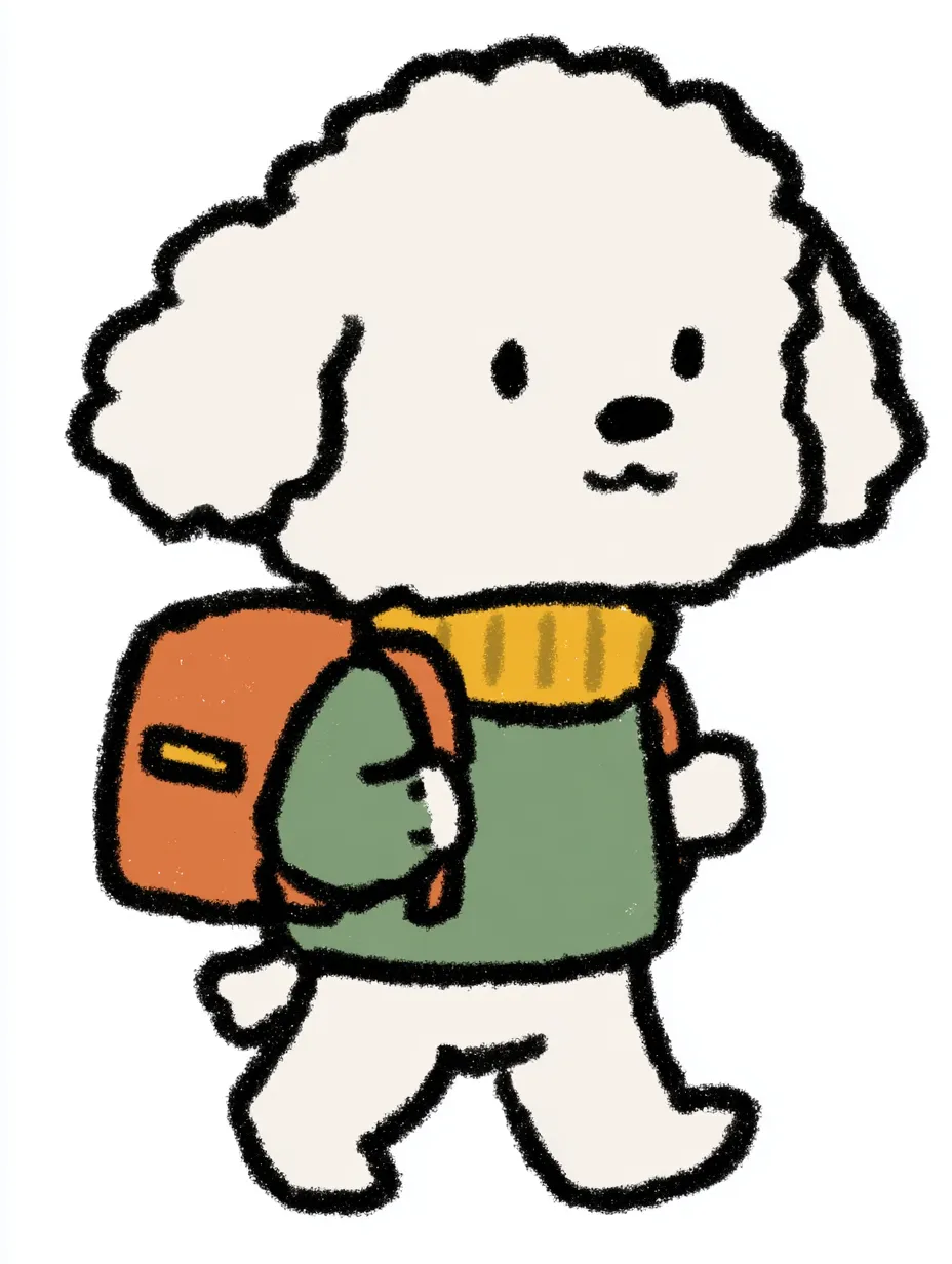 おしゃれかわいい旅するビジョンフリーゼ｜ふんわりまあるい毛並みが特徴のビジョンフリーゼ。やわらかく浮かぶような描写で、おしゃれかわいい旅する印象をファンタジックに広げてくれる愛らしい仕上がりです。