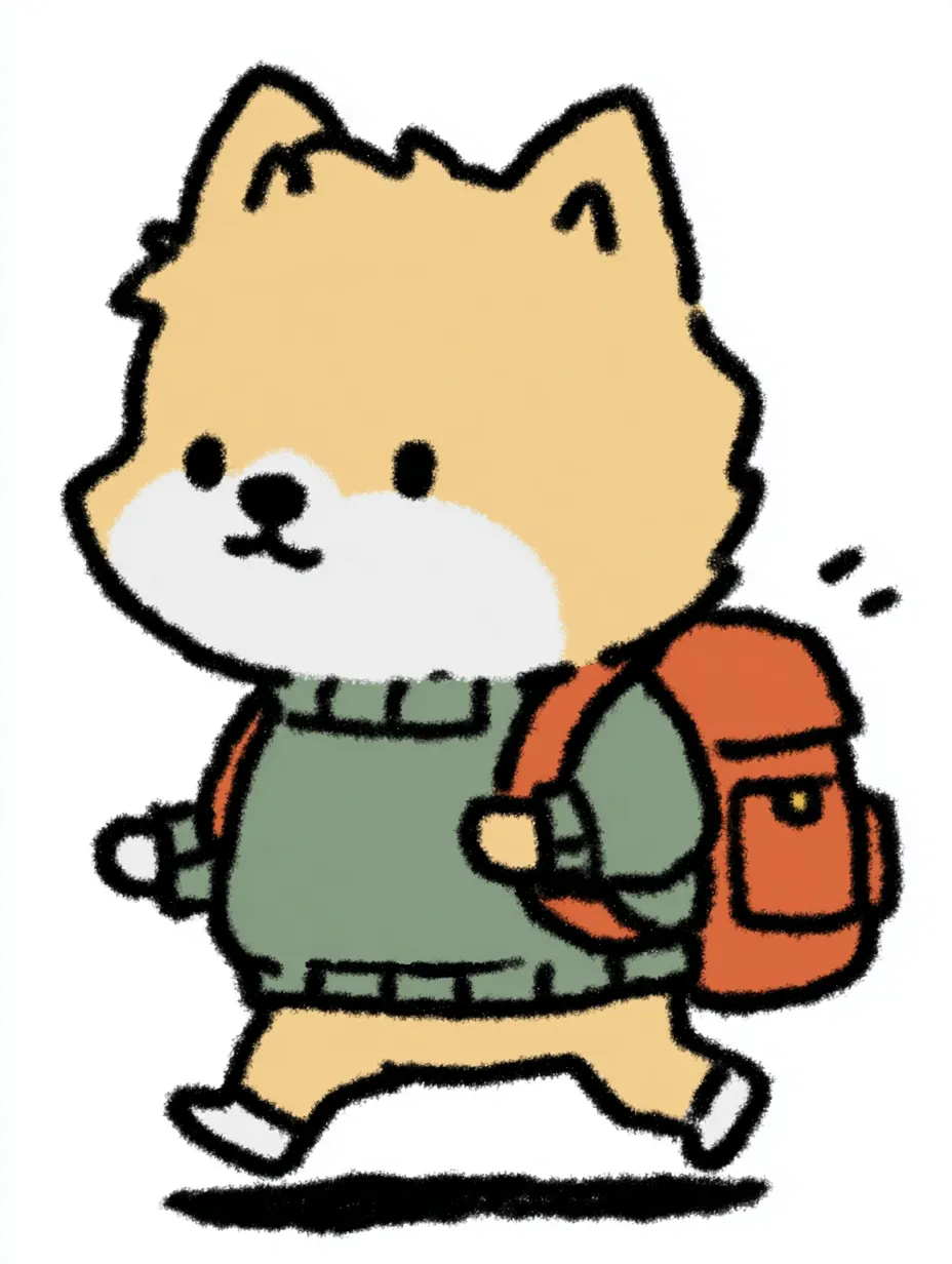 おしゃれかわいい旅するポメラニアン｜もこもこの毛とまるいフォルムが魅力のポメラニアンが、元気よく歩く姿をほのぼのと描いています。おしゃれかわいい旅するテーマにぴったりの明るくあたたかな空気をまとっています。