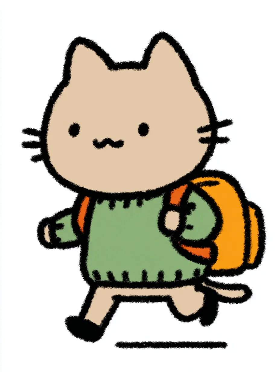 おしゃれかわいい旅する子猫｜やわらかな線と明るい色合いで描かれた子猫が、元気いっぱいに歩く姿が印象的なデザインです。おしゃれかわいい旅するをテーマに、淡いブラウンとオレンジの組み合わせが、親しみやすさと安心感を演出します。