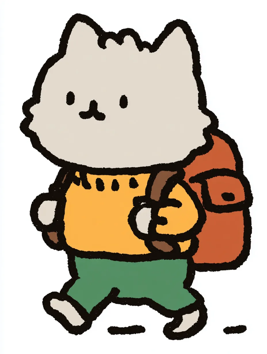 おしゃれかわいい旅するもふもふ猫｜ふわっとした毛並みを感じさせる、もふもふ猫の優しい表情と丸みのあるシルエットが特徴です。おしゃれかわいい旅する雰囲気を、落ち着いたオレンジとグリーンでほっこりと包み込んだスタイルです。