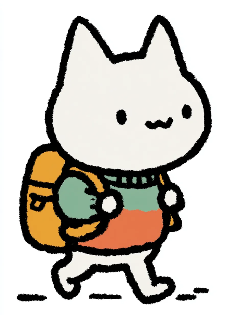 おしゃれかわいい旅する白猫｜まっしろなボディに優しい色合いの服とリュックが調和し、明るく清潔感のある印象を与える白猫のイラストです。おしゃれかわいい旅するテーマらしく、ふんわりした輪郭が軽やかな旅気分を誘います。
