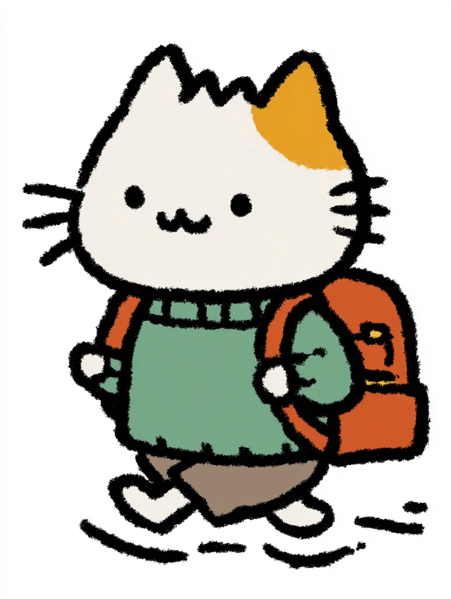 おしゃれかわいい旅する三毛猫｜オレンジの差し毛がチャームポイントの三毛猫が、のんびりと楽しげに旅する姿が描かれています。おしゃれかわいい旅する空気感を、手描き風の柔らかい線と落ち着いた色彩でやさしく伝える仕上がりです。
