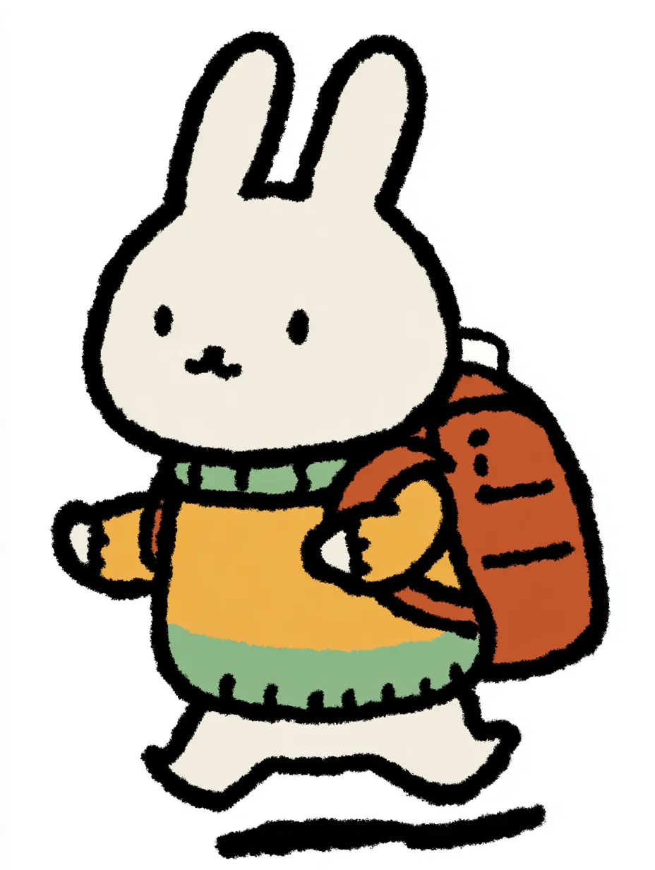 おしゃれかわいい旅するうさぎ｜淡いベージュのうさぎがニットとリュックを身にまとい、軽やかに歩く姿が愛らしいデザインです。おしゃれかわいい旅するというテーマにぴったりな、やわらかな色合いとシンプルな輪郭が魅力です。