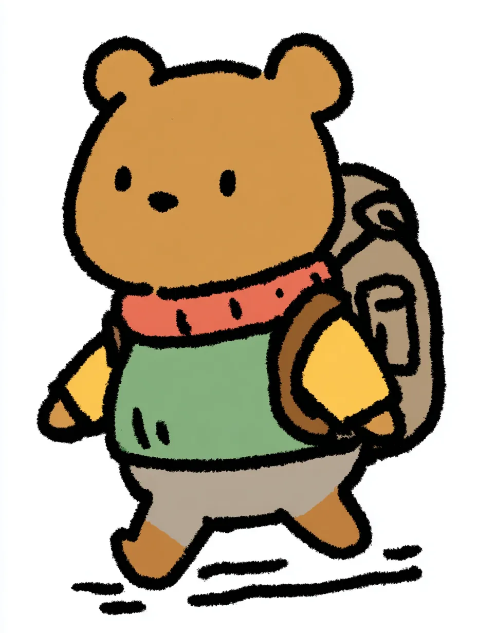 おしゃれかわいい旅するくま｜あたたかみのあるブラウンのくまが、緑のセーターと落ち着いたベージュのリュックで旅気分を演出しています。おしゃれかわいい旅する印象を、小物の色使いや表情のやさしさで引き立てています。