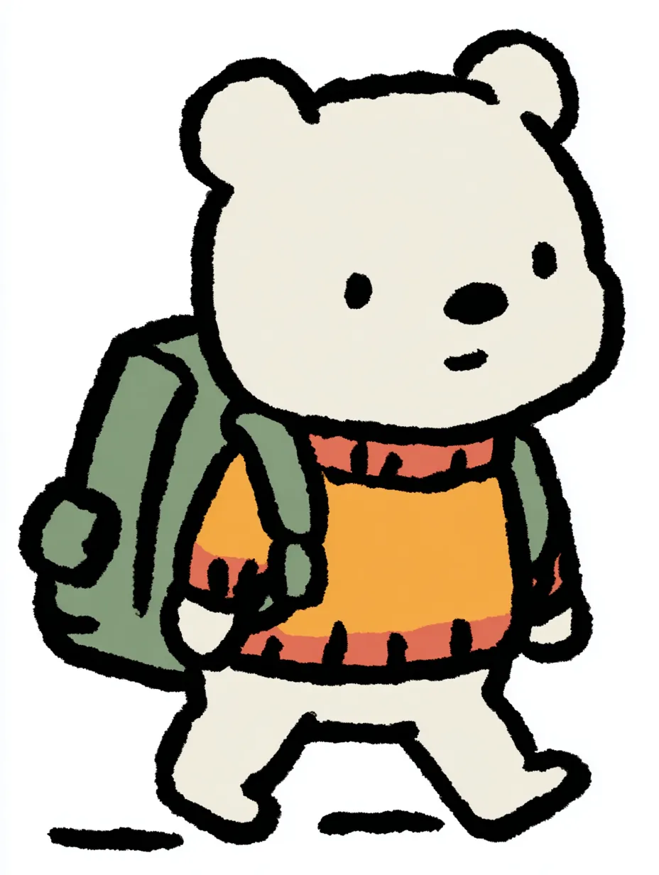 おしゃれかわいい旅するしろくま｜クールな白いしろくまに、あたたかみのあるセーターとリュックの配色が好対照で映えるデザインです。おしゃれかわいい旅する雰囲気を、ていねいな手描き感と落ち着いた色づかいで表現しています。