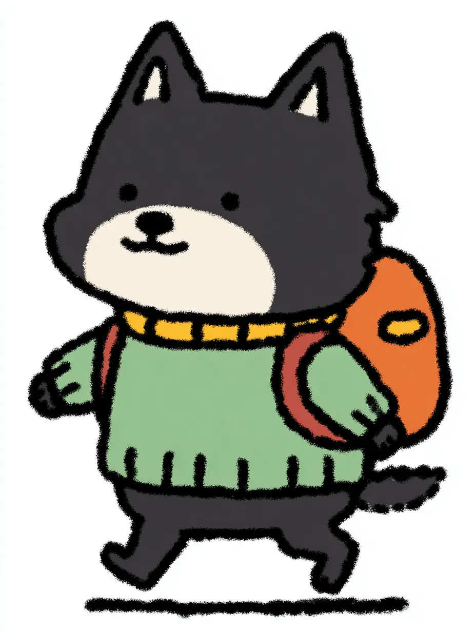 おしゃれかわいい旅する黒柴犬｜シックな黒柴犬がニットとリュックでおでかけ中。落ち着いた配色とふっくらした線が特徴で、おしゃれかわいい旅する印象を大切にした柔らかく整ったデザインです。