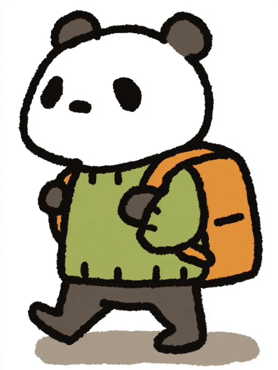 おしゃれかわいい旅するパンダ｜アイコニックな白黒のパンダが、明るい緑のニットとオレンジのリュックでポップな印象に仕上がっています。おしゃれかわいい旅するスタイルにふさわしい、元気さと安心感を兼ね備えた一枚です。