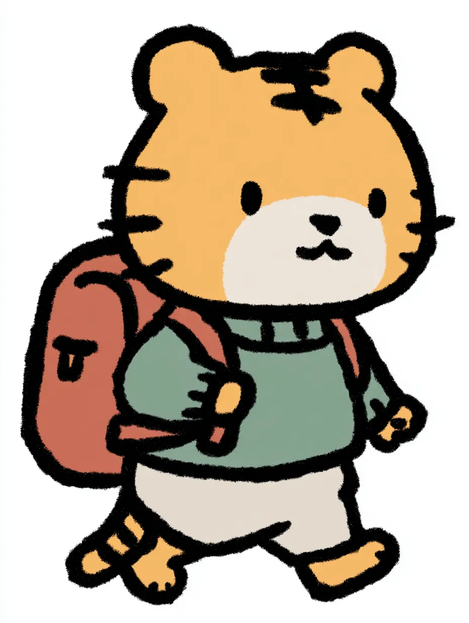 おしゃれかわいい旅する虎｜明るく元気な虎のキャラクターが、やわらかな線と穏やかな色調で描かれており、力強さとかわいさが同居しています。おしゃれかわいい旅するをテーマに、優しさと活発さをミックスした一枚です。