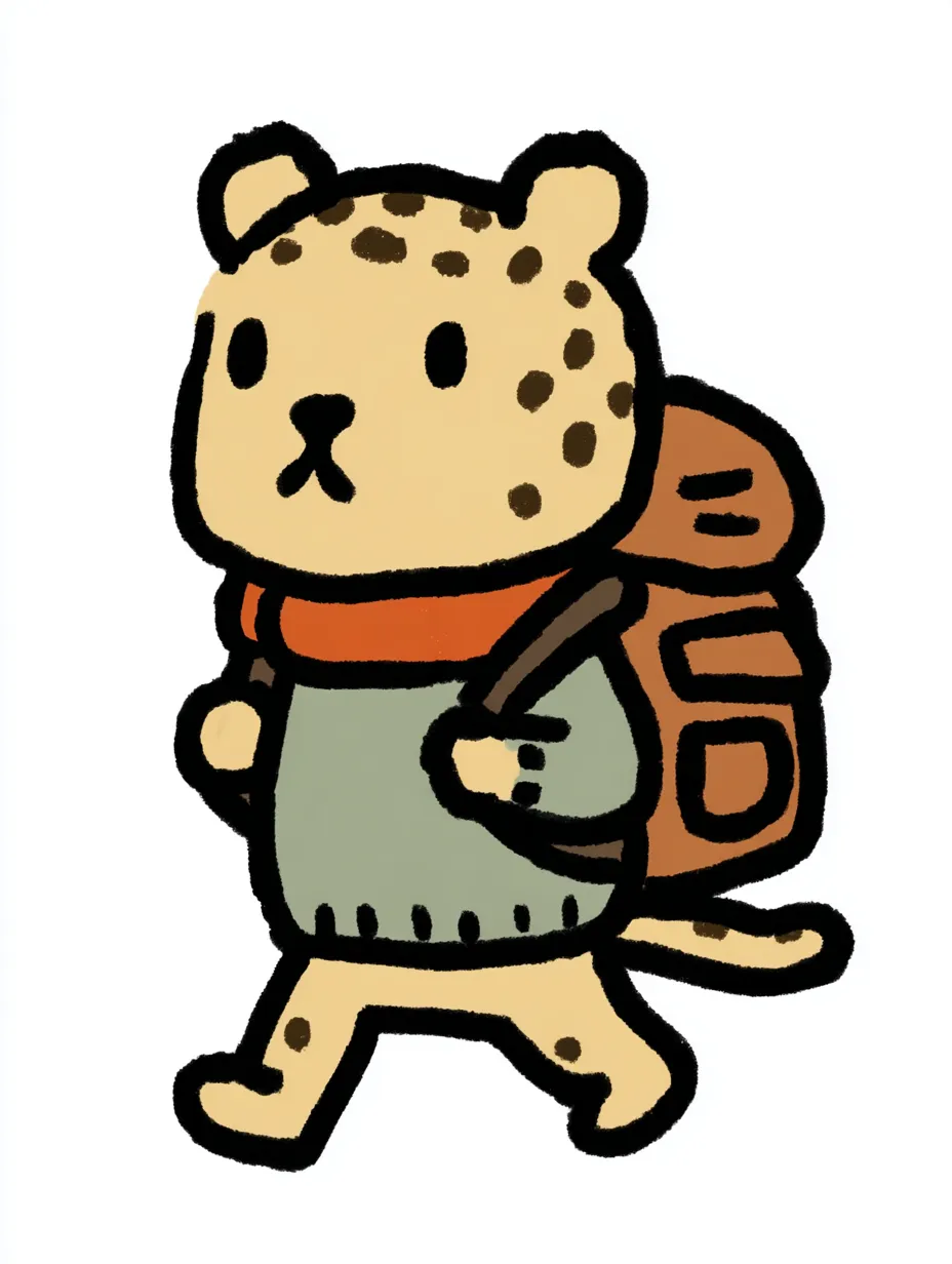 おしゃれかわいい旅するチーター｜小柄でしなやかなチーターが、水色のニットと落ち着いたリュックで旅を楽しむ姿が印象的です。おしゃれかわいい旅するイメージを、素早さと優しい雰囲気で心地よくまとめたデザインです。