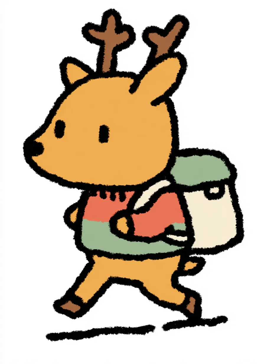 おしゃれかわいい旅するシカ｜小さな角とオレンジブラウンの体色がチャームポイントのシカが、深緑と赤のセーターで季節感たっぷりに旅へ。おしゃれかわいい旅するイメージを、軽快に歩く足取りとやさしい線で愛らしく仕上げました。