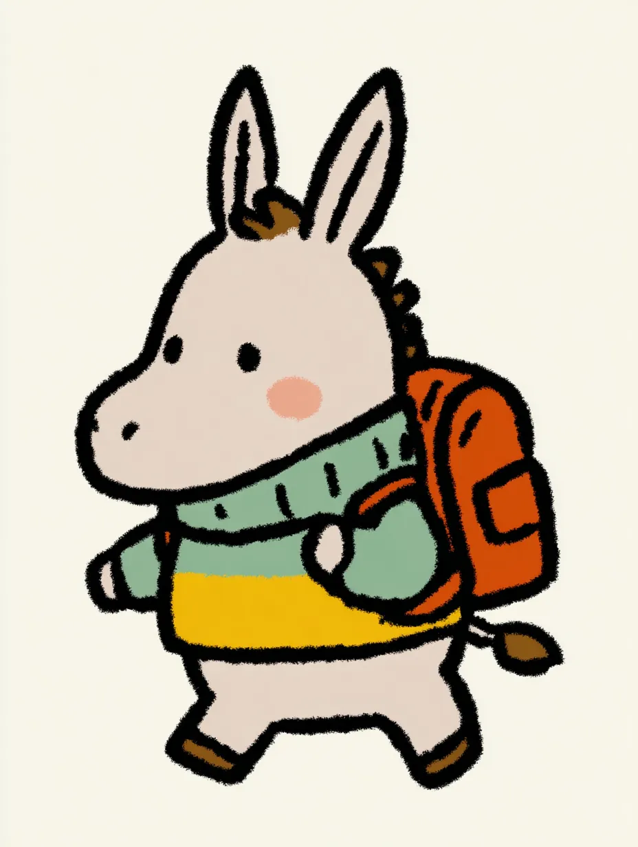 おしゃれかわいい旅するロバ｜明るい黄色とミントグリーンのセーターが印象的なロバが、ほんのりピンクのほっぺとともに元気に出発。おしゃれかわいい旅するスタイルを、素朴な配色とゆったりとしたフォルムで表現しています。