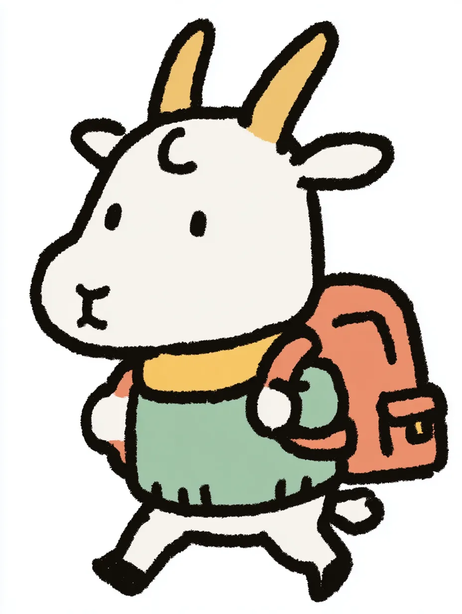 おしゃれかわいい旅するヤギ｜くるんとしたおでこの毛と黄色い角が特徴的なヤギが、スモーキーな色合いのニットとリュックでシンプルながら印象的な旅スタイルに。おしゃれかわいい旅する空気感を落ち着いた配色で表しました。