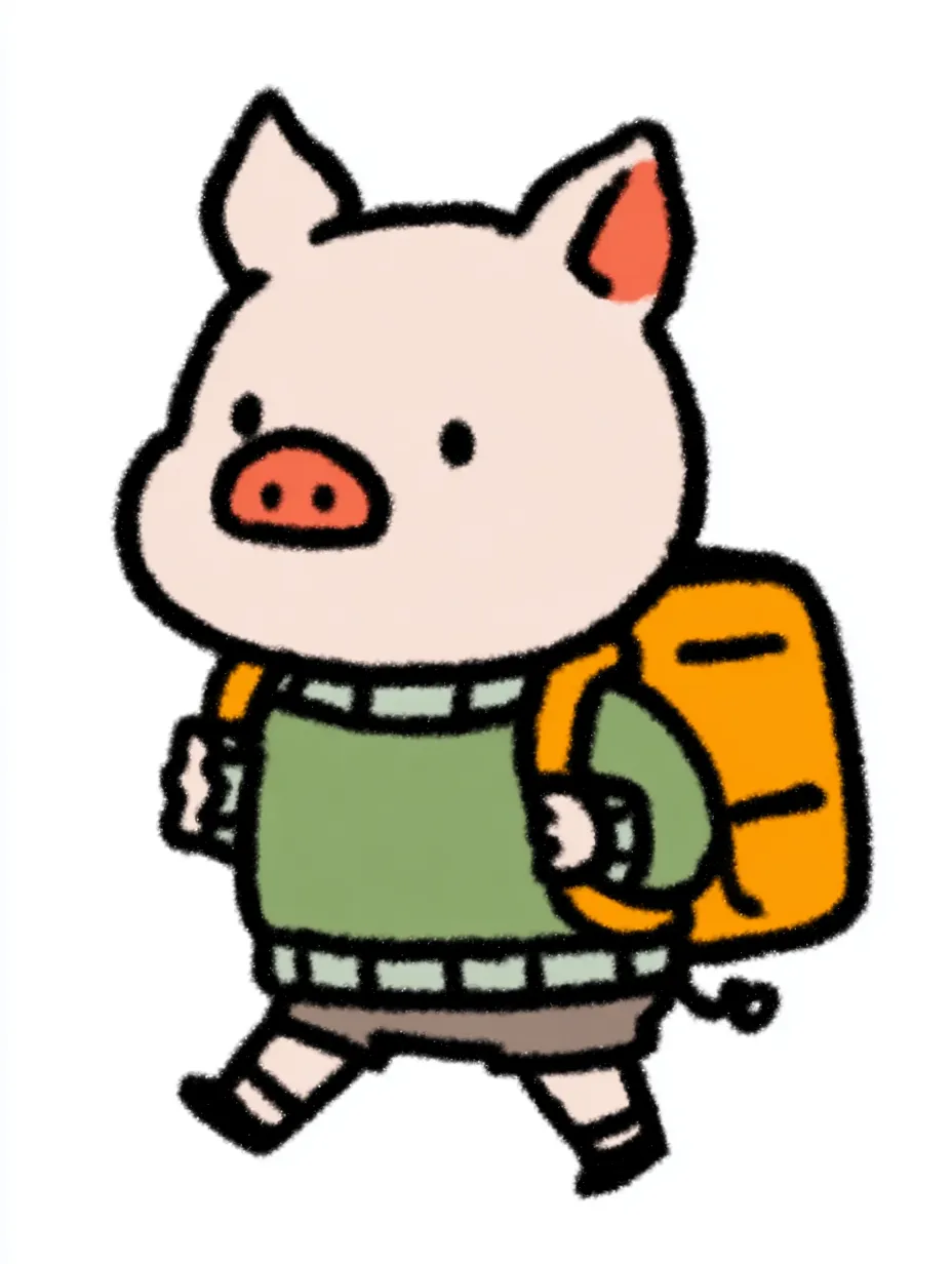 おしゃれかわいい旅するコブタ｜ちょこんとした体に大きめリュックを背負うコブタが、グリーンと茶色の落ち着いたトーンでまとめられた旅スタイルに。おしゃれかわいい旅する気配を素直なまなざしと丁寧な色づかいで表現しています。