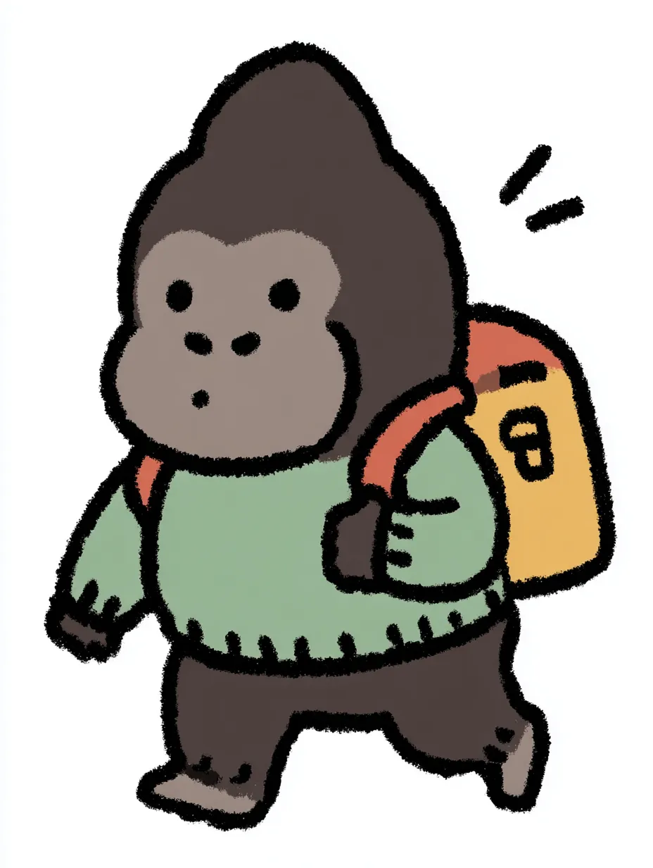 おしゃれかわいい旅するゴリラ｜力強い黒褐色の体に淡いミントグリーンのセーターを合わせたゴリラ。重めの印象を軽やかに見せる配色で、おしゃれかわいい旅する雰囲気に仕上げ、親しみやすさも加えています。