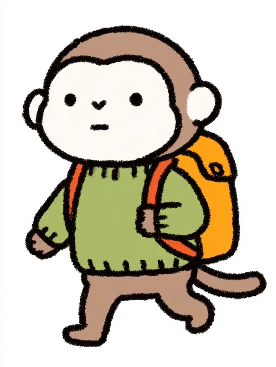 おしゃれかわいい旅するサル｜大きな顔としっぽが特徴的なサルが、くすみグリーンのニットとオレンジのリュックで元気におでかけ。おしゃれかわいい旅するイメージを、素朴な動きと軽快な構図で自然体に描いています。