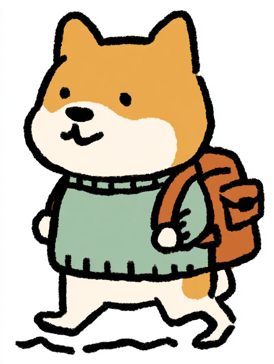 おしゃれかわいい旅する秋田犬｜やわらかなタッチとふっくらした輪郭が特徴の秋田犬が、ゆったりと旅を楽しむ様子を描いています。落ち着いた配色と穏やかな表情が、おしゃれかわいい旅するイメージを素朴に伝えてくれます。