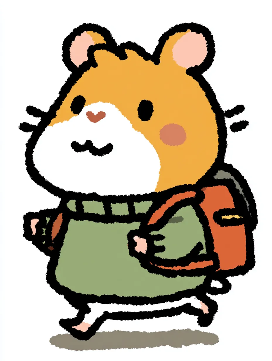 おしゃれかわいい旅するハムスター｜ふっくらした頬とコロンとした体が魅力のハムスターが、ミントグリーンのニットとレンガ色のリュックで旅へ。おしゃれかわいい旅するスタイルを、まるみと柔らかさのあるラインで愛らしく演出しています。