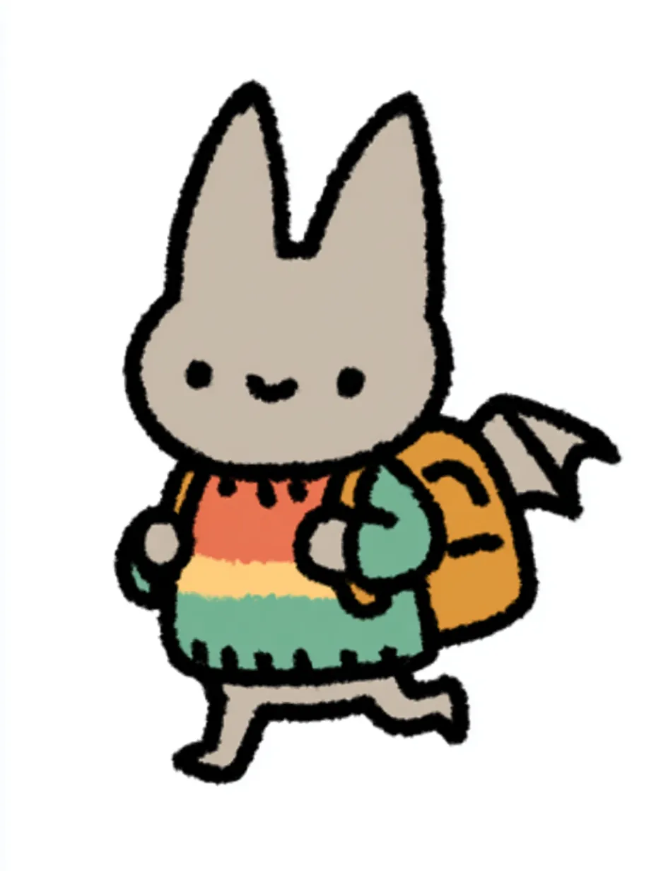 おしゃれかわいい旅するコウモリ｜大きな耳と小さな羽根がかわいいコウモリが、夕暮れ色のボーダーセーターで旅に出発。おしゃれかわいい旅する雰囲気を、ちょこんとした佇まいとほんのり明るいカラーで表現しました。