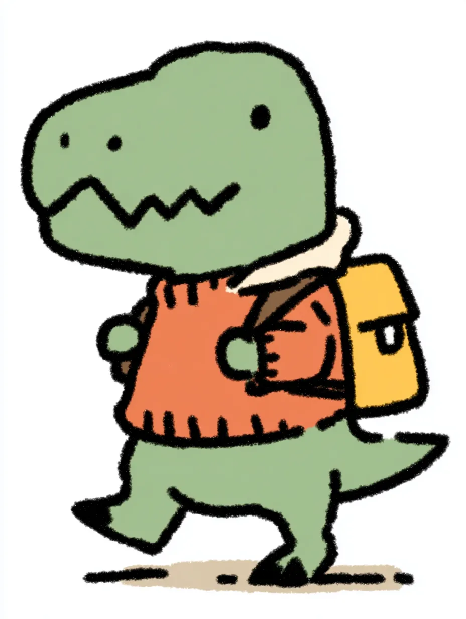 おしゃれかわいい旅するティラノサウルス｜くすみグリーンのティラノサウルスが赤いセーターと黄色のリュックで軽やかに歩く姿が印象的。シンプルな線と落ち着いた配色がやさしい空気をまとい、日常にそっと寄り添う「おしゃれかわいい旅する」スタイルを演出します。