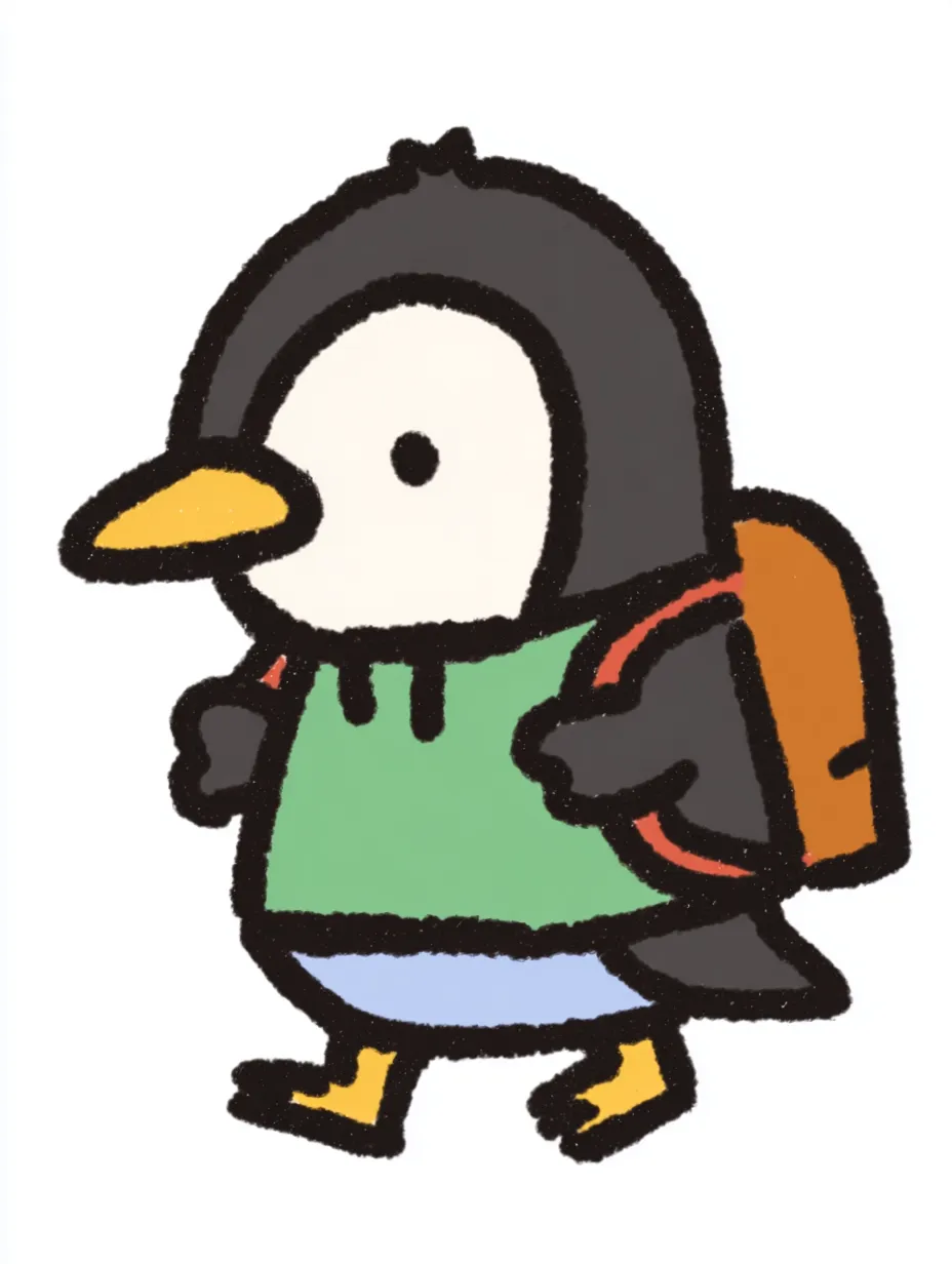 おしゃれかわいい旅するペンギン｜グリーンのパーカーとオレンジのリュックを背負ってトコトコ歩くペンギン。親しみやすい丸みとくちばしのアクセントが可愛らしく、あたたかな線と淡い彩色が「おしゃれかわいい旅する」物語の始まりを感じさせてくれます。