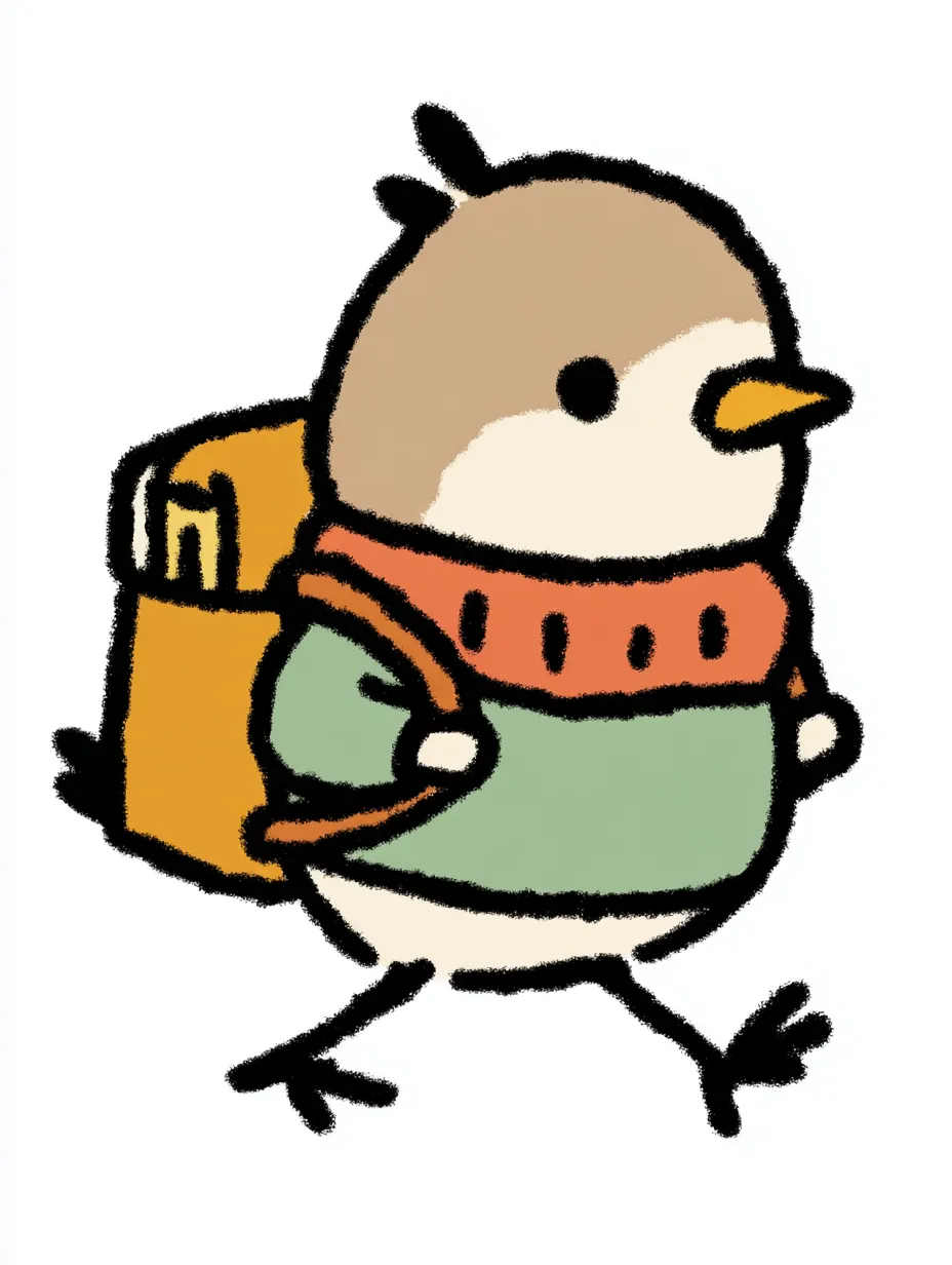 おしゃれかわいい旅するスズメ｜ふんわり茶色の頭とコンパクトな体型が特徴のスズメ。オレンジのリュックと落ち着いたセーターがやさしい雰囲気を生み出し、「おしゃれかわいい旅する」街角の相棒のような存在です。