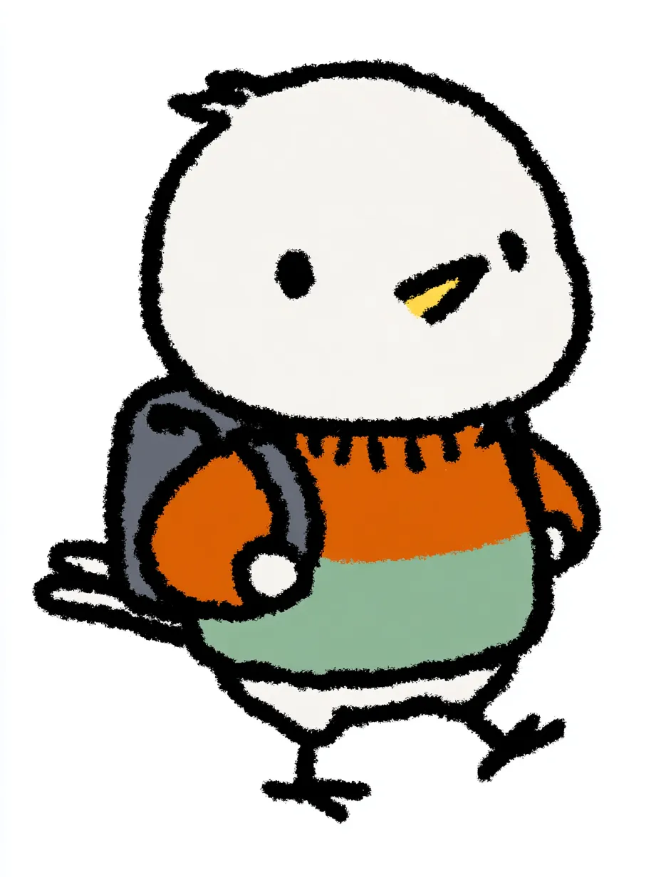 おしゃれかわいい旅するシマエナガ｜ふわふわとした白い顔と丸い体が魅力の、おしゃれかわいい旅するシマエナガです。シックな配色のリュックとセーターで季節感も演出され、歩く姿にさりげない楽しさが漂います。