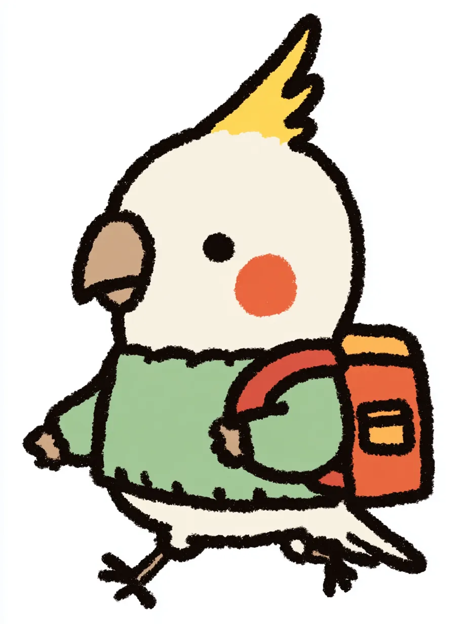 おしゃれかわいい旅するオカメインコ｜頬の赤と頭の冠羽がチャームポイントのおしゃれかわいい旅するオカメインコです。柔らかい配色とセーターのゆるいシルエットがほっとする雰囲気で、親しみやすい可愛さがあります。
