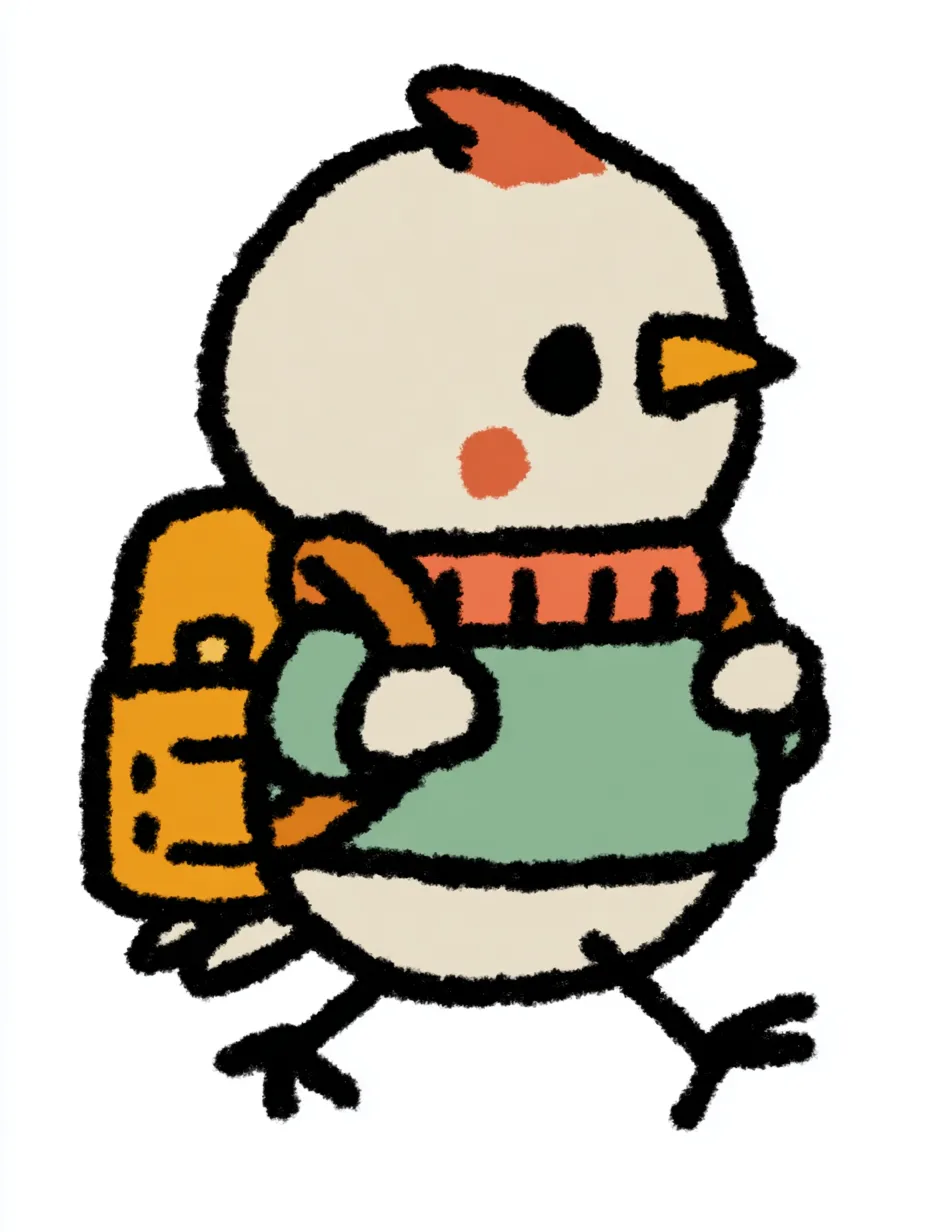 おしゃれかわいい旅する文鳥｜ほっぺの赤とオレンジの差し色が印象的な文鳥。ミントグリーンのセーターと黄色のバックパックが映え、きびきびした動きと丸い体が「おしゃれかわいい旅する」好奇心を感じさせるデザインです。