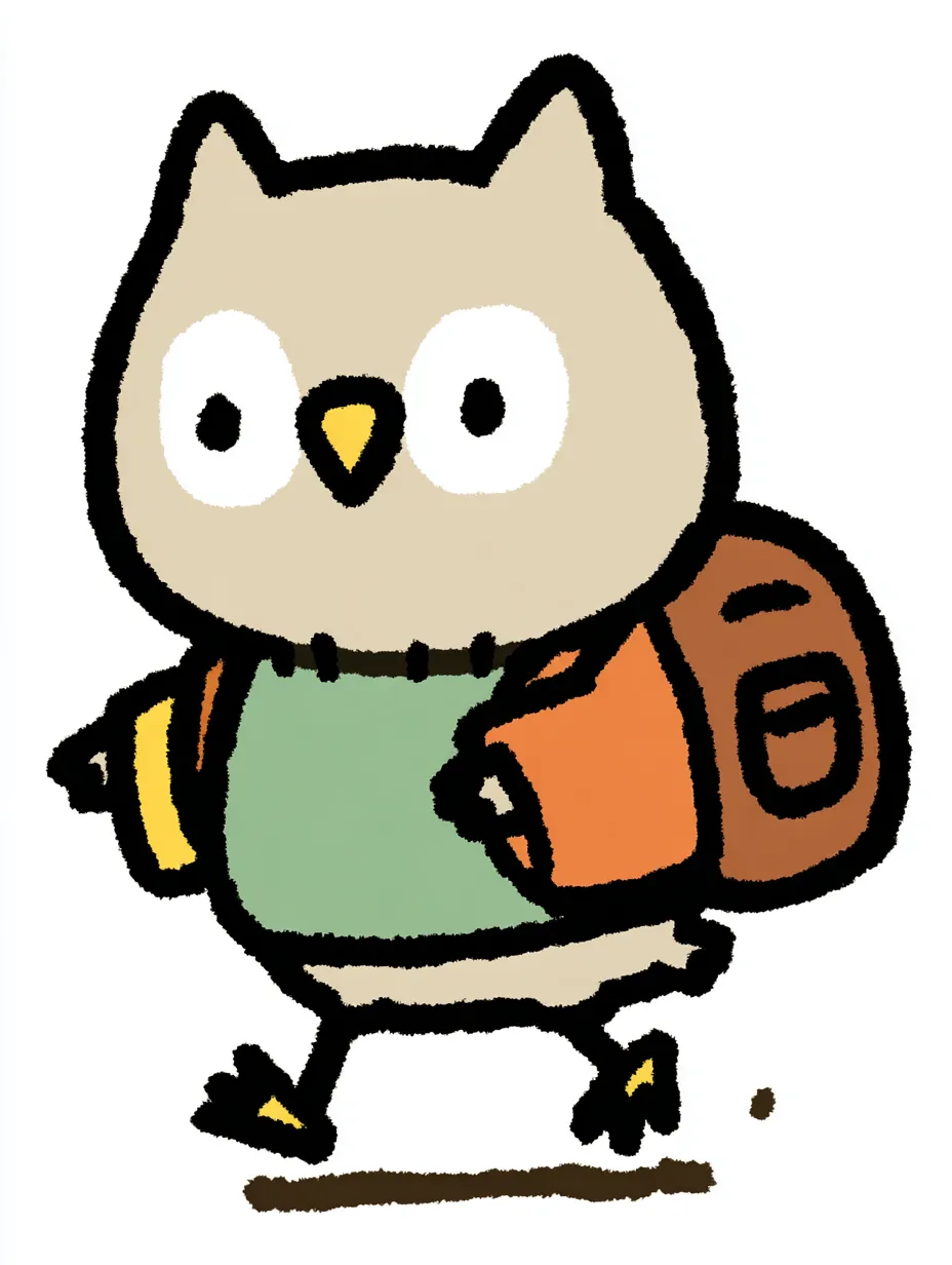 おしゃれかわいい旅するフクロウ｜まんまるの目と落ち着いた羽色がフクロウらしい知的な印象を与えつつ、淡いグリーンのニットとオレンジのリュックがやさしく調和。「おしゃれかわいい旅する」夜の森にも似合う装いです。