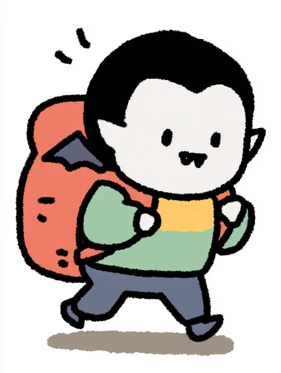 おしゃれかわいい旅するドラキュラ｜やさしい手描き風の線で描かれたドラキュラが大きなリュックを背負って元気に歩く姿が印象的なデザインです。おしゃれかわいい旅するというテーマにぴったりの微笑ましい雰囲気がただよっています。