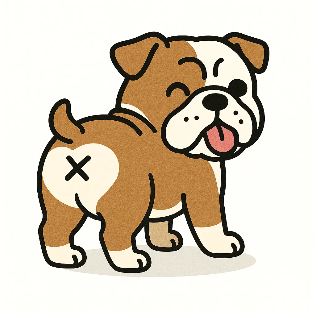 かわいいふりむきおしりのブルドッグ｜ごつごつした体としわの多い顔立ちが特徴的なブルドッグが、おしりをこちらに向けて振り返っています。どっしりとした足と短めのしっぽ、ウインク＆舌出しの愛嬌ある表情がユーモラスで、×マークのおしりがチャームポイントになっています。