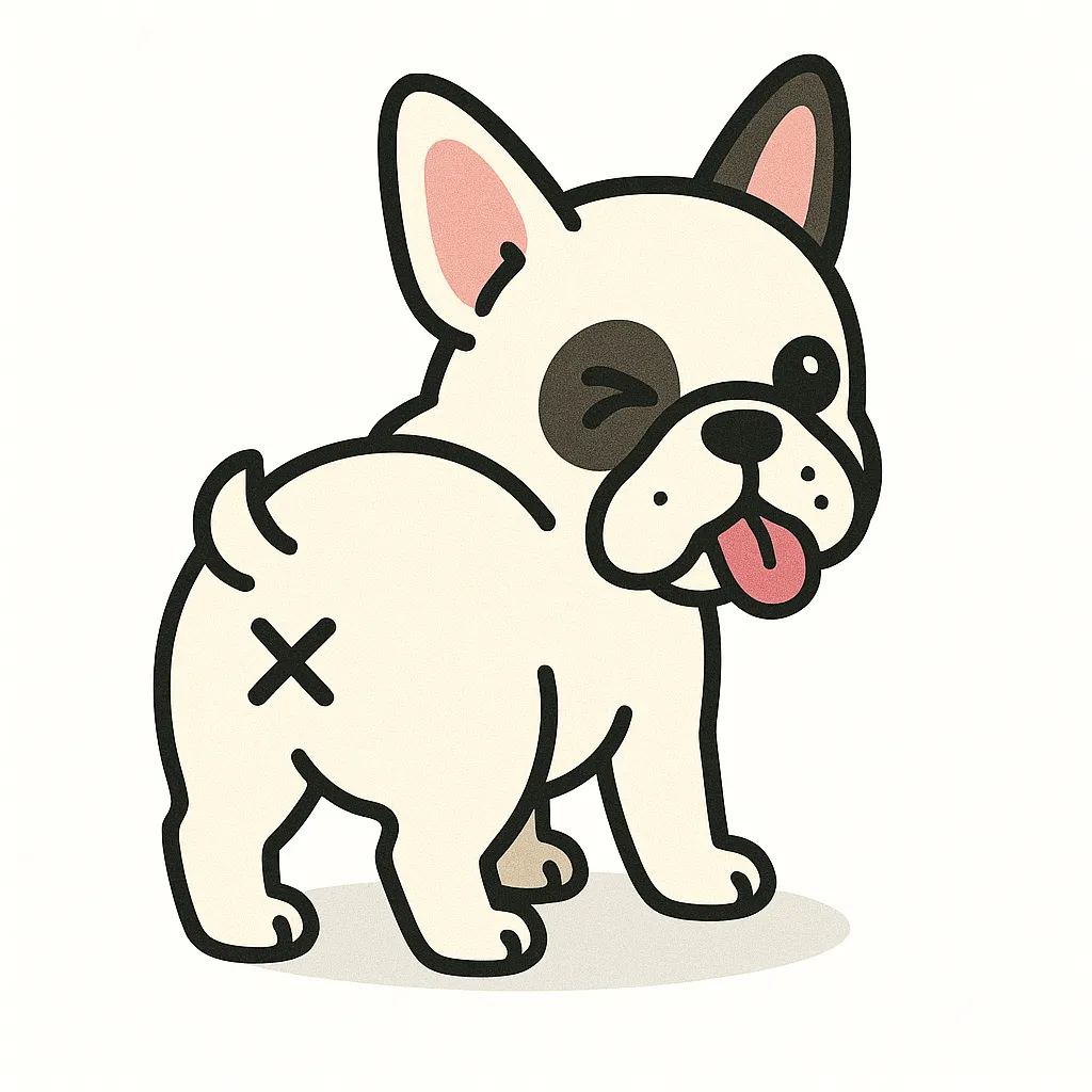 かわいいふりむきおしりのフレンチブルドッグ｜大きな立ち耳とムチっとした体が可愛いフレンチブルドッグ。しっぽは極端に短く、おしりに×マークが添えられています。舌出しウインクの表情と、やや前のめりな姿勢が元気いっぱいな印象を与えるデザインです。