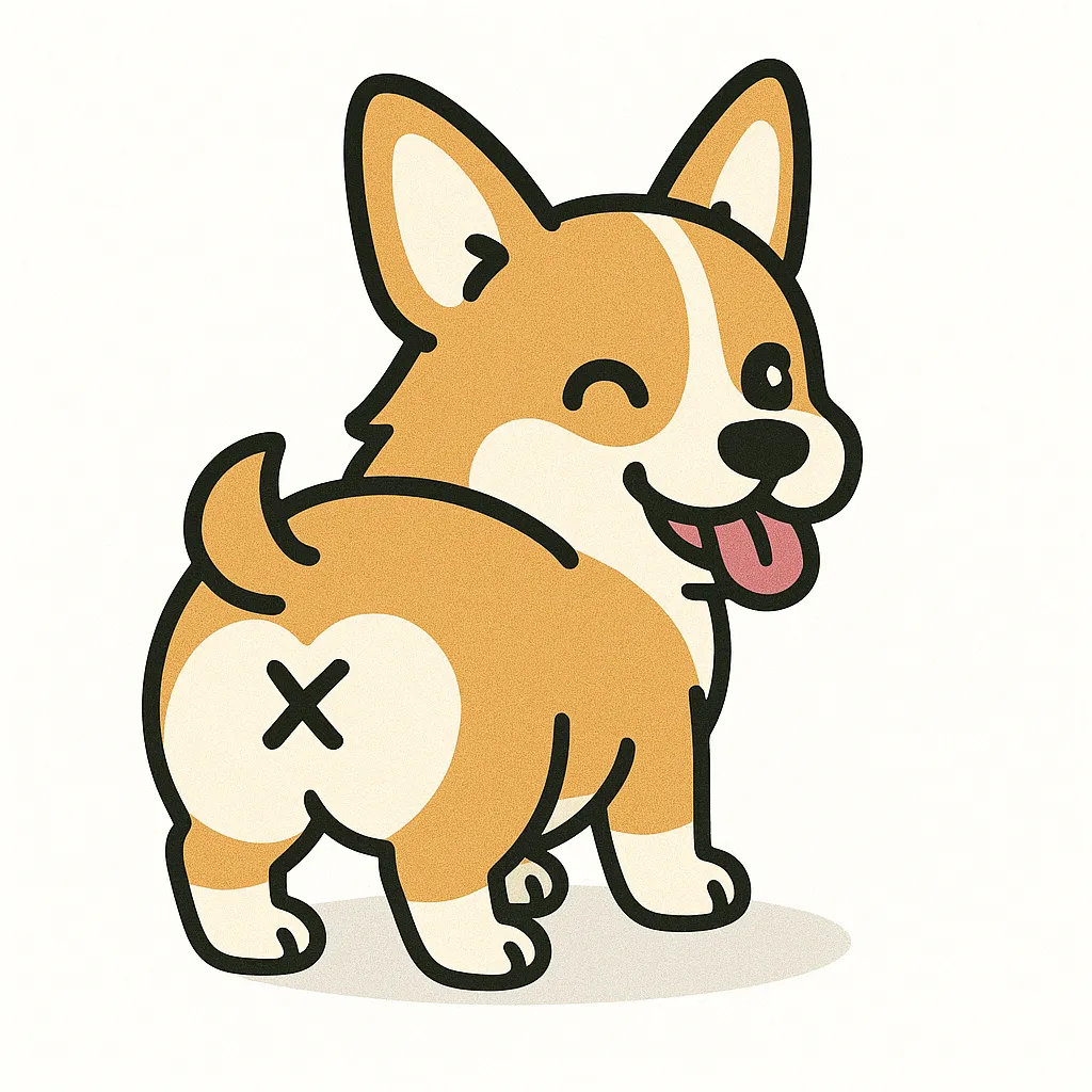 かわいいふりむきおしりのコーギー｜胴長でぷりっとしたおしりが魅力のコーギーが、笑顔でこちらを振り返ります。ぴょこんと立った耳、短い足、くるんとしたしっぽに×マークのおしりが加わり、元気でキュートな雰囲気をしっかり表現したデザインです。