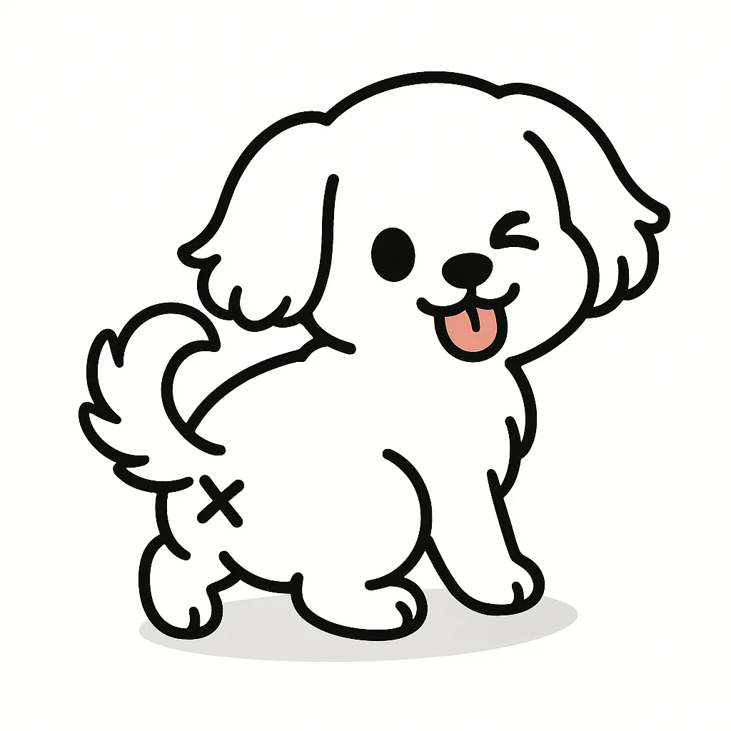 かわいいふりむきおしりのマルチーズ｜まっ白でふわふわの毛並みが特徴のマルチーズが、おしりをこちらに向けて優しく振り返ります。たれ耳とウインク、ぺろりと出した舌が愛嬌たっぷり。おしりには×マークが添えられ、ぬいぐるみのような可愛さがあふれています。