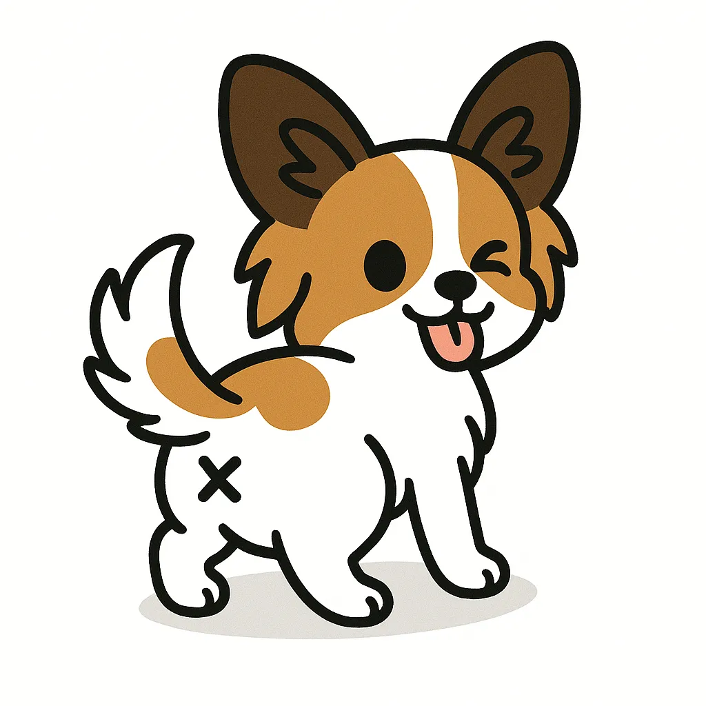 かわいいふりむきおしりのパピヨン｜大きな蝶のような耳が印象的なパピヨンが、軽やかにおしりを振り向けています。すらっとした体とふわっと立った尾、ウインクと舌出しで元気な雰囲気を演出。×マークのおしりがワンポイントになっています。