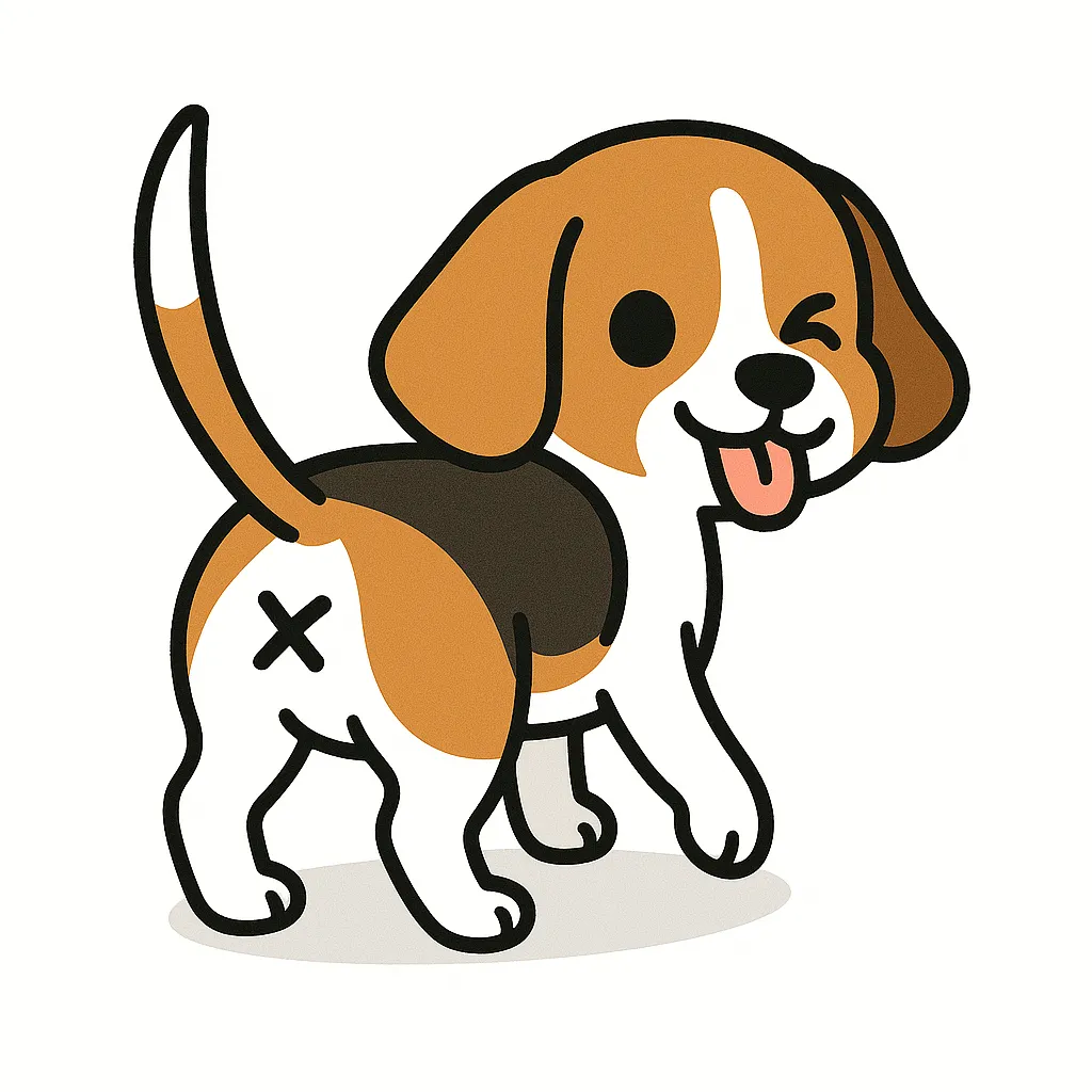 かわいいふりむきおしりのビーグル｜明るく元気なビーグルが、ぴょこんと立てたしっぽとともにおしりをこちらに向けて振り返ります。丸い瞳とウインク、舌出しの愛嬌フェイスに×マークのおしりが加わり、活発な雰囲気がしっかり表現されたデザインです。