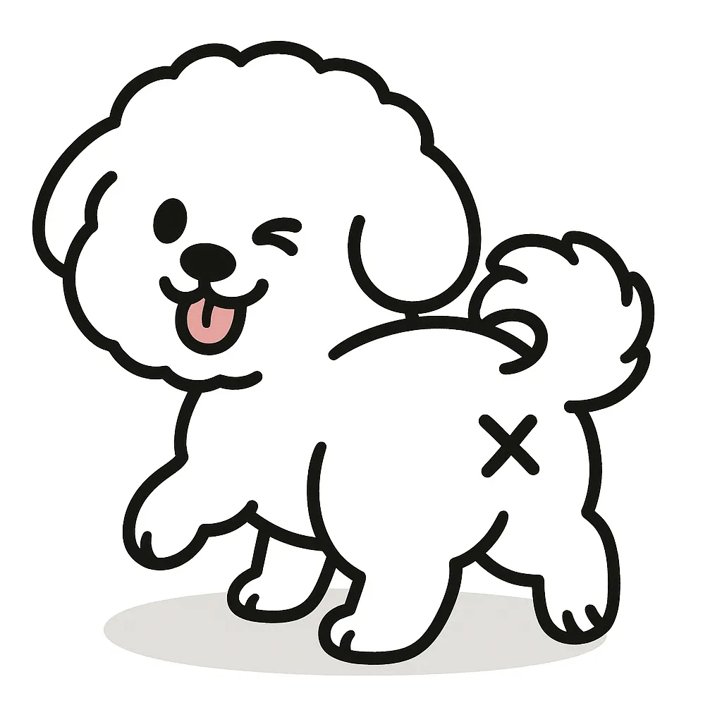 かわいいふりむきおしりのビションフリーゼ｜まんまるなシルエットと真っ白な毛並みが特徴のビションフリーゼが、おしりをこちらに向けてニッコリ振り返ります。もこもこの体に短い足、ウインク＆舌出しの表情と×マークのおしりで、ぬいぐるみのような可愛さを演出しています。