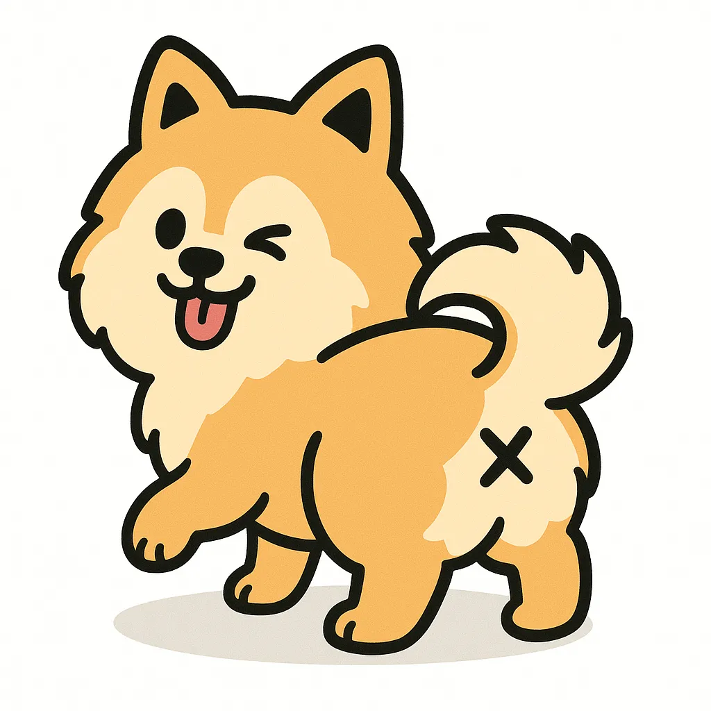 かわいいふりむきおしりのポメラニアン｜ふわふわの毛に包まれたポメラニアンが、元気いっぱいにおしりを振り返ります。しっかり立ったしっぽと小柄な体、ぺろりと出した舌とウインクで陽気な印象に。×マークのおしりが可愛さをより引き立てています。
