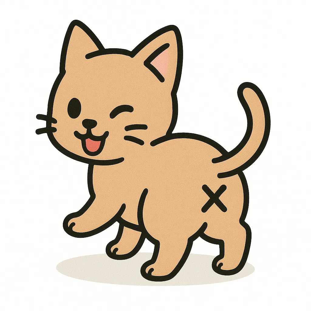 かわいいふりむきおしりの子猫｜やわらかそうな毛とすらっとしたしっぽが印象的な子猫が、おしりをこちらに向けてくるっと振り返ります。ウインクと舌出しの表情に、ちょこんと描かれた×マークのおしりがアクセント。愛らしさと子猫らしい軽やかさを表現しています。