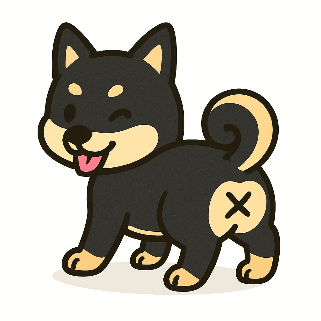 かわいいふりむきおしりの黒柴犬｜黒毛ベースにくっきり映える眉斑と口元の白が印象的な黒柴犬。おしりをこちらに向けて振り返り、ウインク＆舌出しでチャーミングに。巻き尾や簡略化した×おしりがスタイルに溶け込み、元気さと柴らしい気質を表現しています。