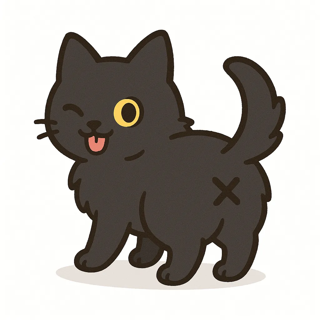 かわいいふりむきおしりの黒猫｜つややかな黒い毛並みに黄色い目が映える黒猫が、ミステリアスな雰囲気を保ちつつ、おしりをこちらに向けてキュートに振り返ります。しなやかな体とすらりとしたしっぽ、愛嬌ある表情とのギャップが魅力的です。