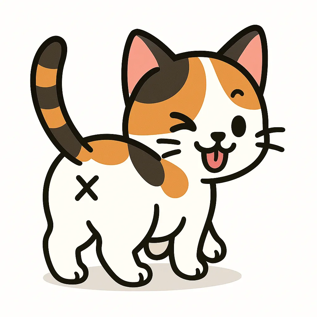 かわいいふりむきおしりの三毛猫｜茶・黒・白の模様が愛らしい三毛猫が、おしりをこちらに向けて元気に振り返ります。三色のバランスを活かした毛色と、立てたしっぽ、ウインク＋舌出しの表情がとてもチャーミング。×マークのおしりも可愛く目立つ仕上がりです。