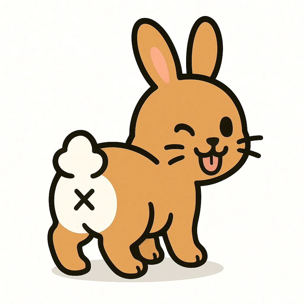 かわいいふりむきおしりのうさぎ｜まるっとした後ろ姿とふわふわのしっぽが特徴のうさぎが、おしりをこちらに向けてくるっと振り返ります。長い耳とつぶらな目、×マークの小さなおしり、舌をぺろっと出したウインク顔で、ぴょんと跳ねそうな元気さを感じさせます。