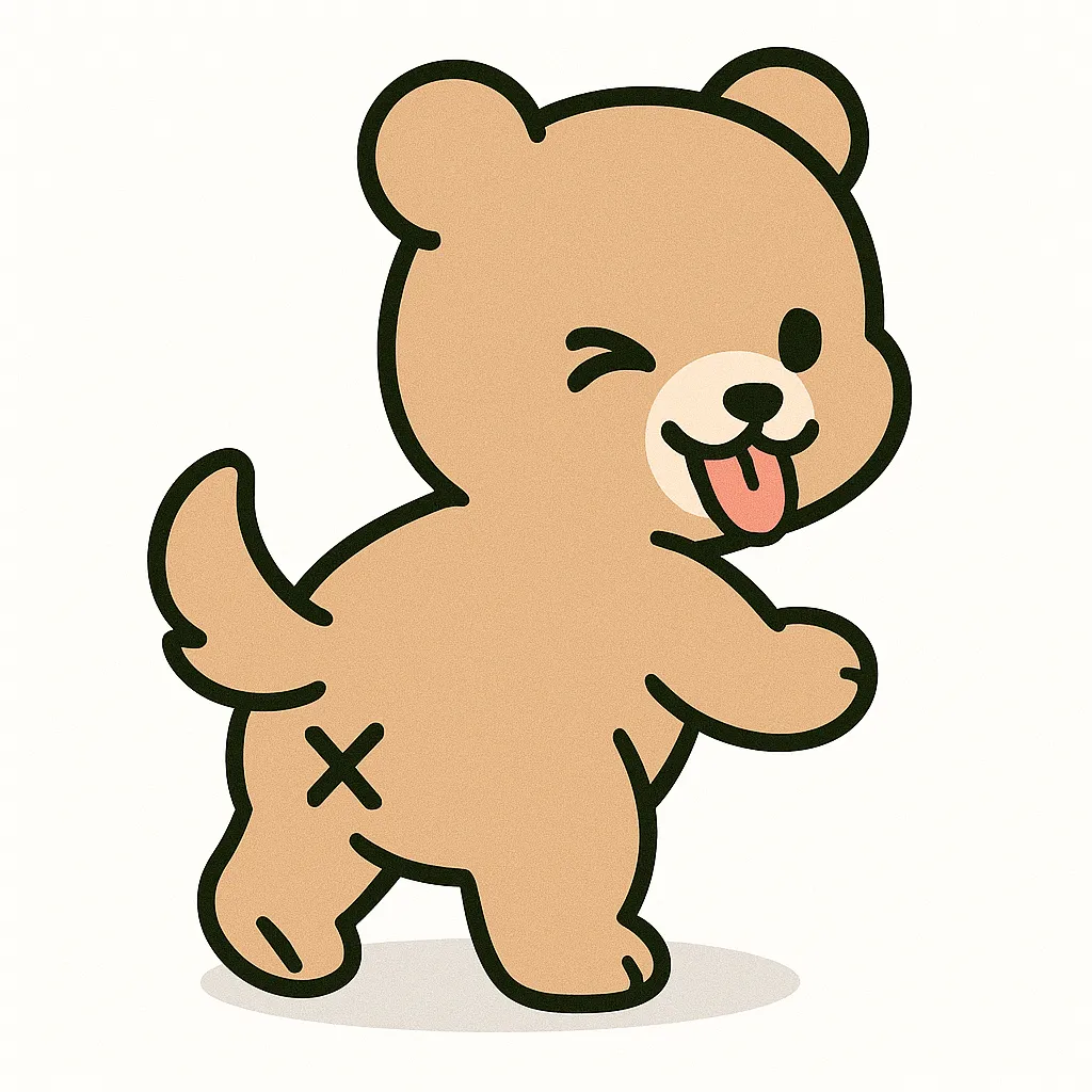 かわいいふりむきおしりアニマルズのクマ｜まるっとした大きな体と、くるんとした尻尾が魅力のクマが、おしりを向けて元気にウインク。フラットなベタ塗りで仕上げた表情や、おしりの記号化デザインが親しみやすく、どっしりした体格とのギャップが微笑ましいキャラクターです。