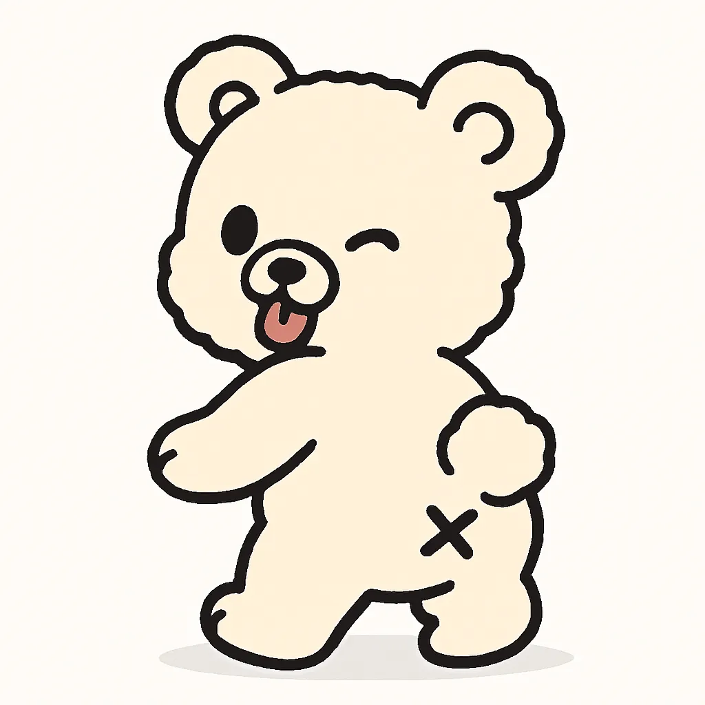 かわいいふりむきおしりアニマルズのテディーベア｜丸いフォルムとふわふわの質感が特徴のテディーベアが、くるりとこちらを振り返っておしりをアピール。大きな耳とにっこり笑顔、ぴょこんと立ったしっぽがポイントです。ぬいぐるみ感たっぷりで親しみやすい印象。