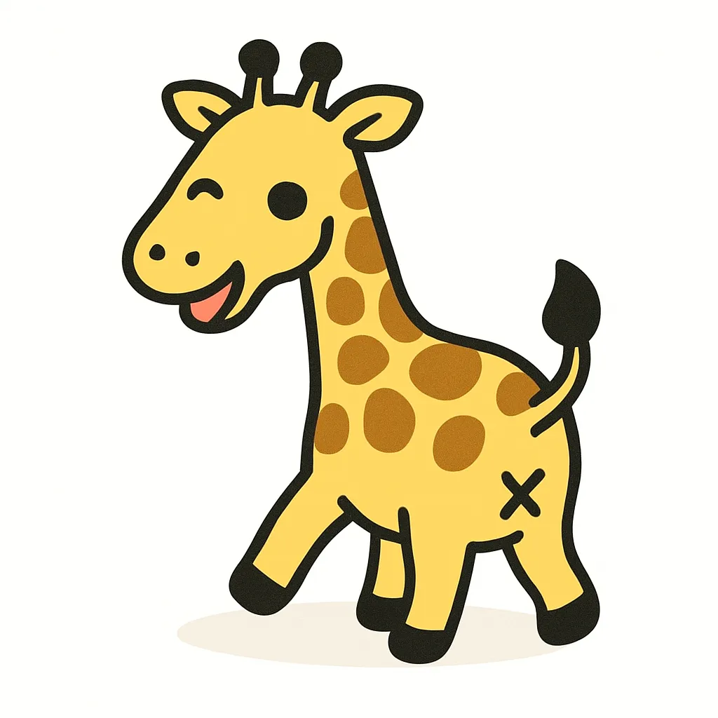 かわいい振り向きお尻のきりん｜首をのばしてこちらを見るきりんのポーズがユニークで、振り向きお尻のシルエットも自然に引き立ちます。全体にやわらかな線と明るい色調で、安心感のあるポップなデザインに仕上がっています。