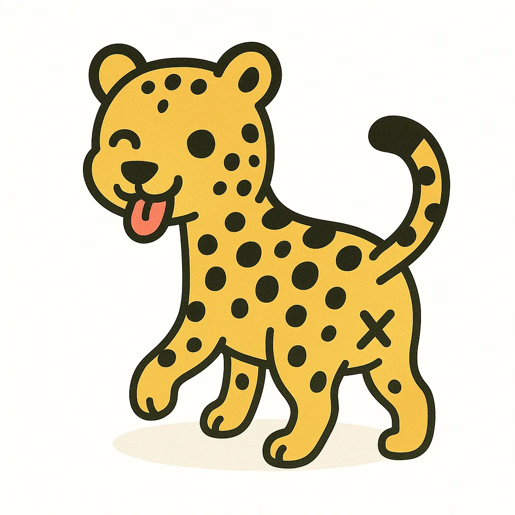かわいい振り向きお尻のチーター｜スリムな体つきのチーターが振り向いたかわいい姿で、軽やかさを演出しています。振り向きお尻の構図により躍動感が強調され、手描き風の点模様もリズミカルな印象を与えています。
