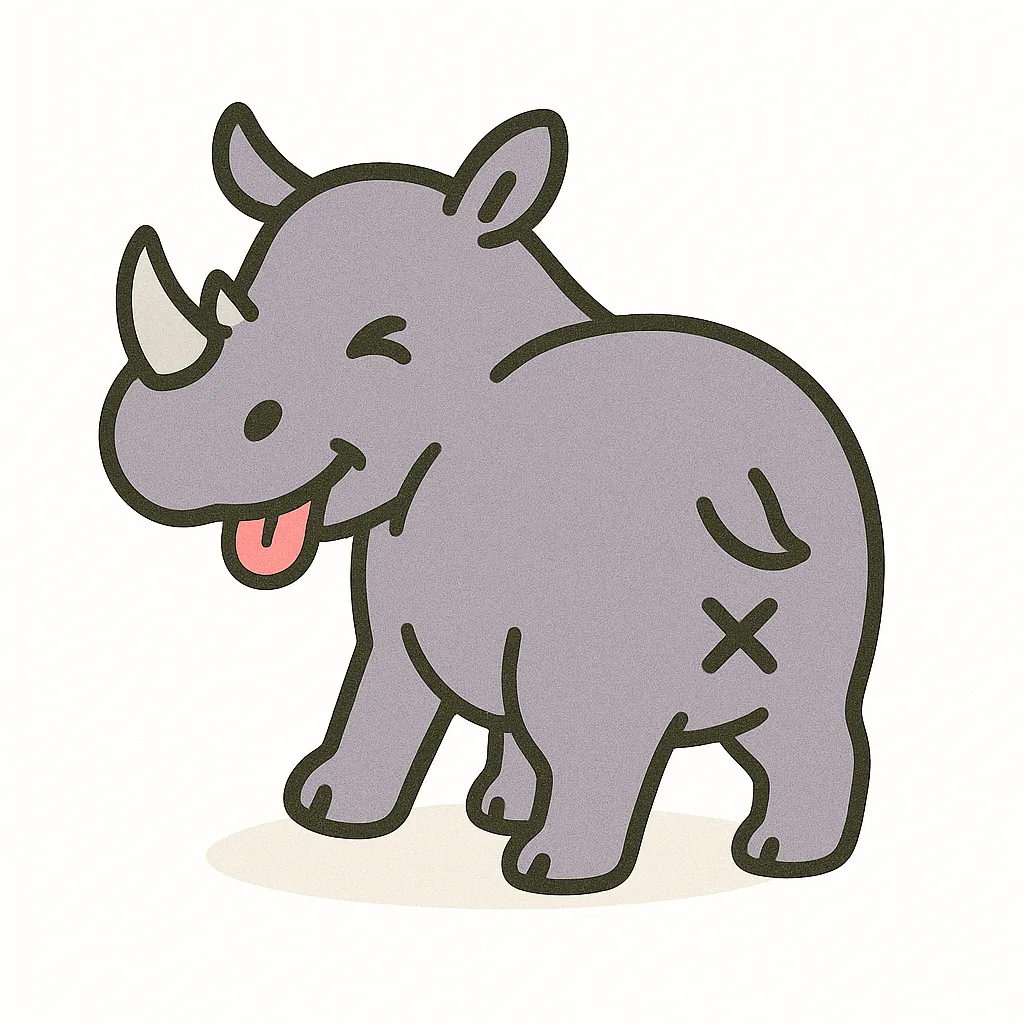 かわいい振り向きお尻のサイ｜力強さを残しつつ、にっこりとした表情が印象的なサイのイラストです。振り向きお尻の構図により、かたいイメージをやわらかく見せるポップな仕上がりになっています。