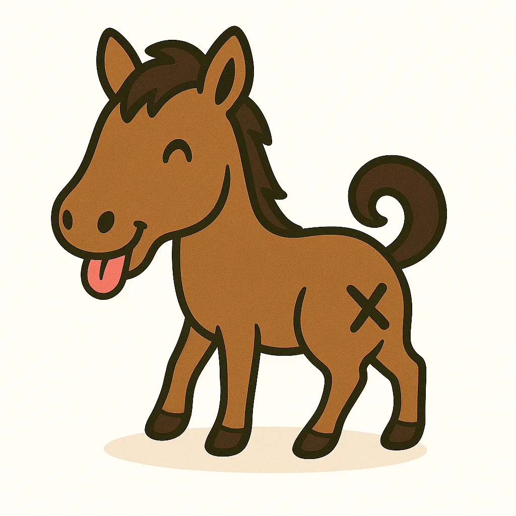 かわいい振り向きお尻の馬｜茶色い毛並みと長めの顔が特徴の馬が、ウインクしながら舌を出して振り向いているイラスト。しっぽの巻き具合とお尻の✕マークがかわいさを引き立てる。