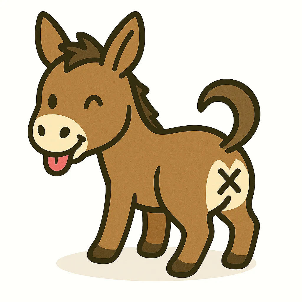 かわいい振り向きお尻のロバ｜ふっくらとした頬と長めの顔が特徴のロバが、素朴な笑顔で振り向いているイラスト。耳が大きくておっとりした雰囲気が魅力。